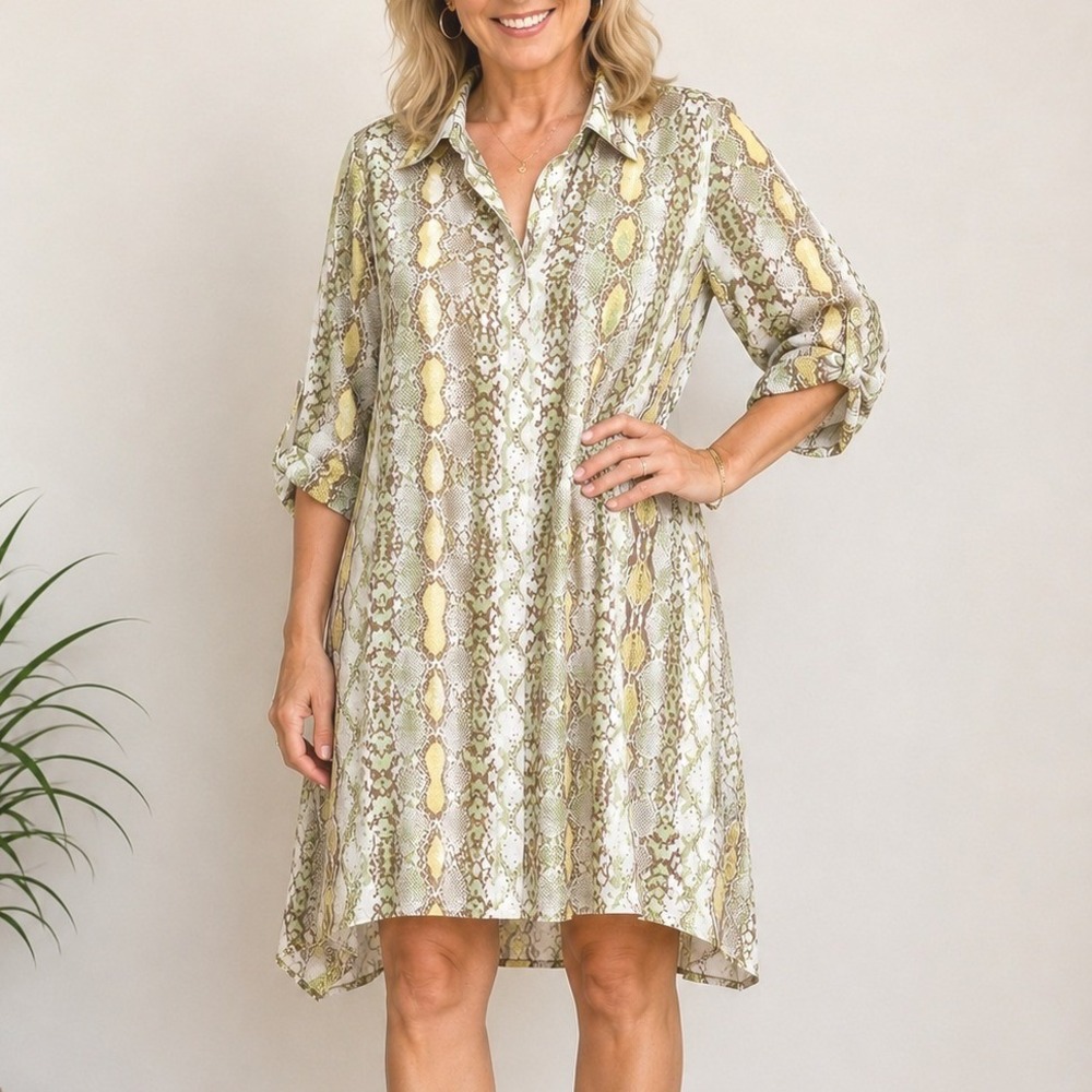 Melissa Paige Snakeskin Print Button Down Tunic Midi Dress Small Boho Bohemian